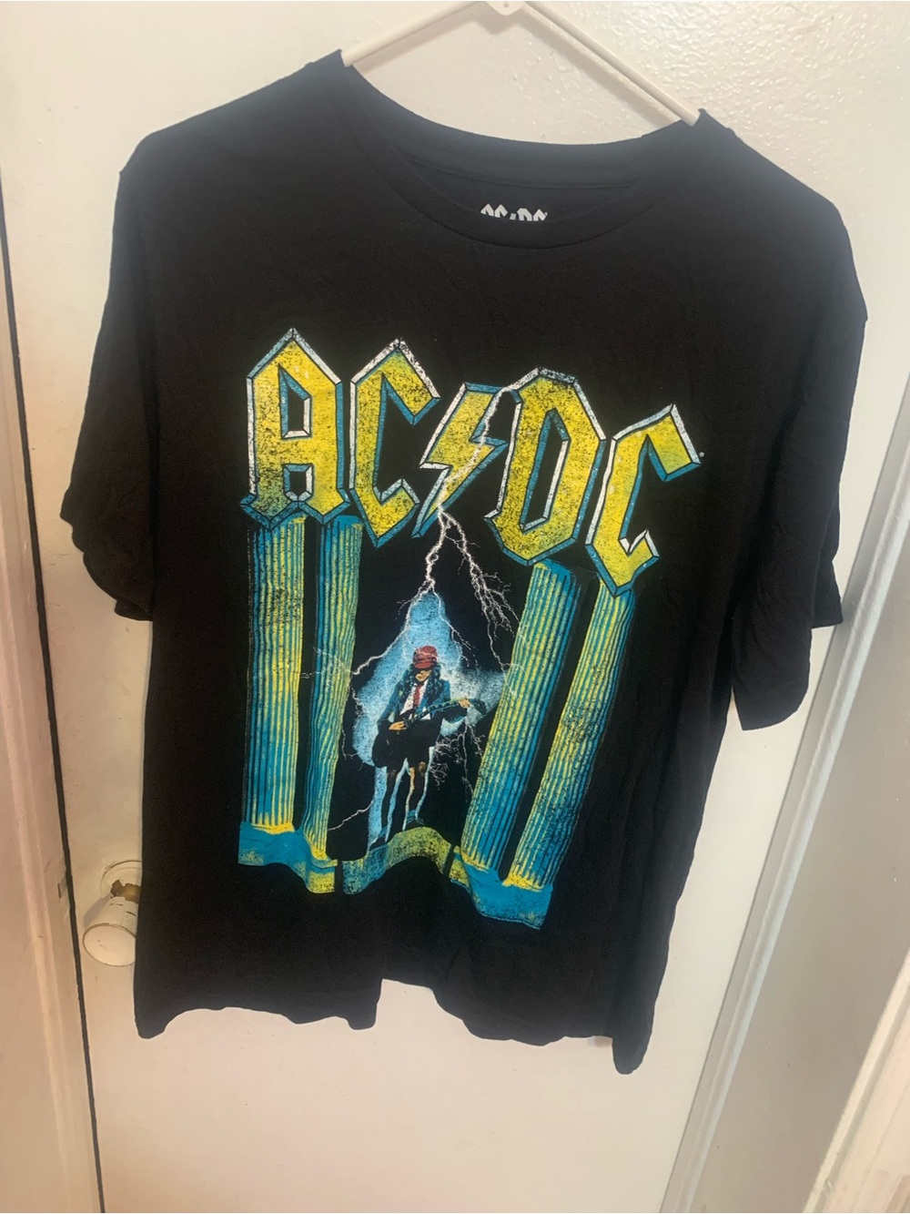 AC/DC Black Tee with Yellow & Blue Lightning Graphic